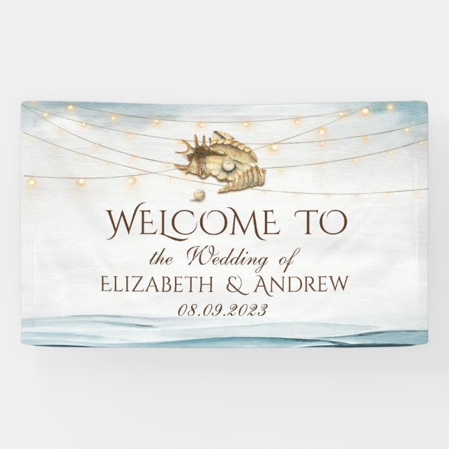 Seashells,Sea,String Lights Script Wedding Banner (Horizontal)