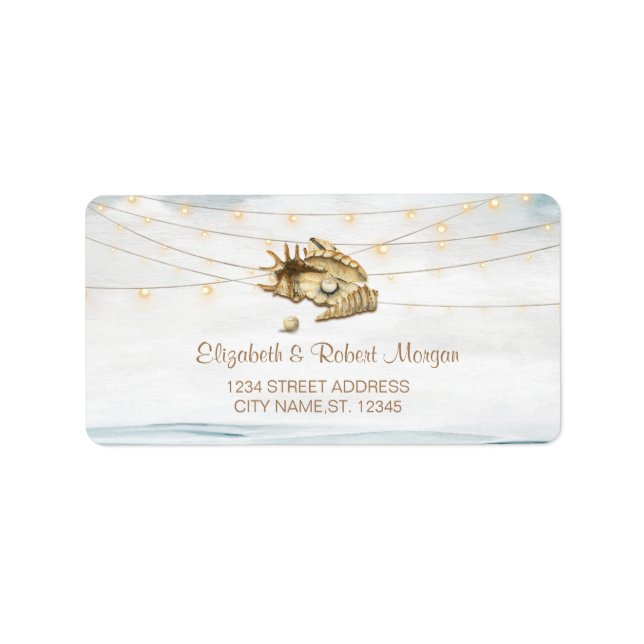 Seashells,Sea,String Lights Script Wedding Label (Front)