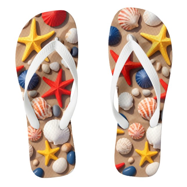  Seashells, starfish, and pebbles on a sandy beach Jandals (Footbed)