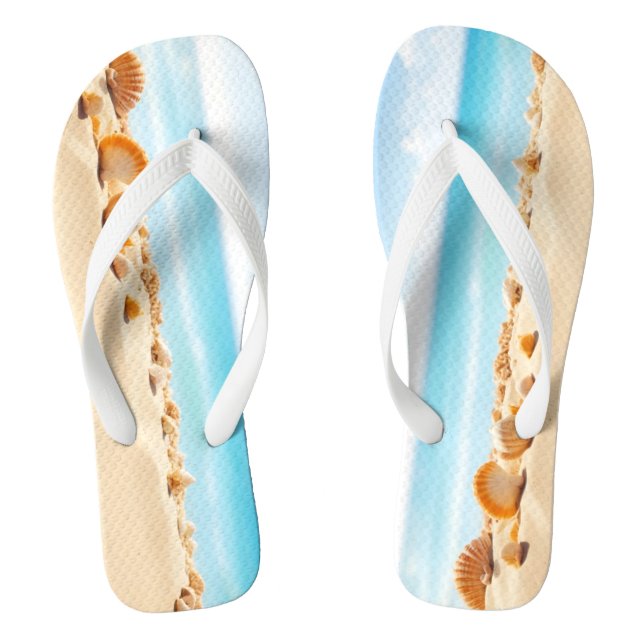 Seashells, starfish, and pebbles on a sandy beach  jandals (Footbed)