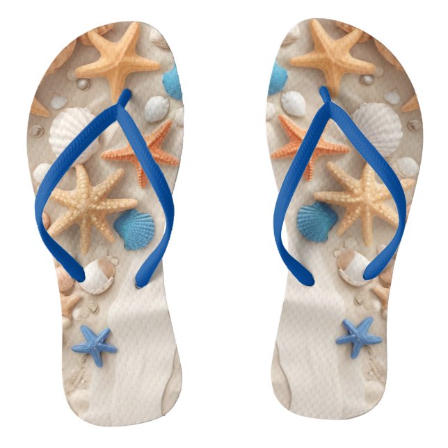 Seashells, starfish, and pebbles on a sandy beach  jandals (Footbed)