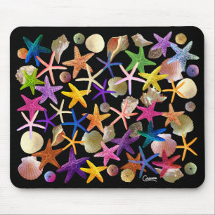 Seashells & Starfish on Black - Mouse Pad