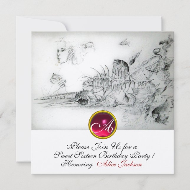 SEASHELLS SWEET 16 PARTY,Ruby Monogram Champagne Invitation (Front)