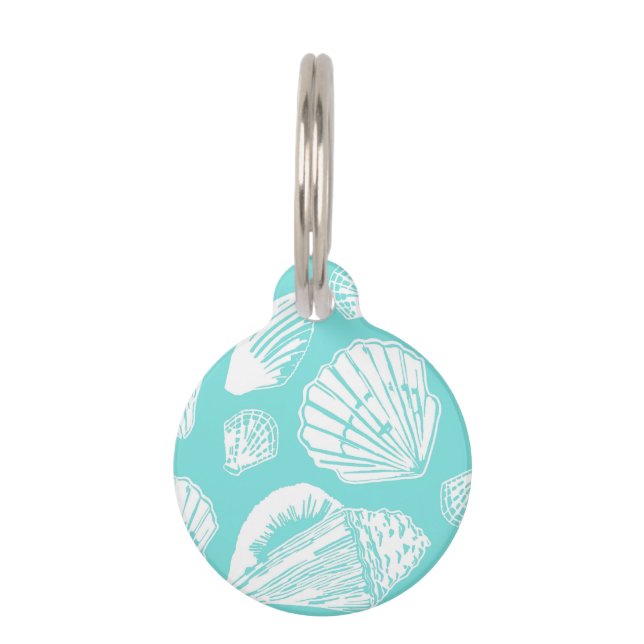 Seashells Turquoise and White Custom Round Pet Tag (Front)