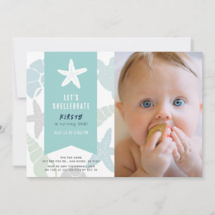 Seashells Turquoise Blue 1st Birthday Photo Invitation