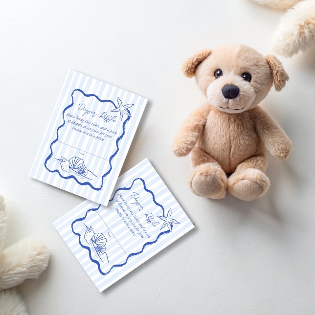 Seashells wavy stripes baby shower diaper raffle enclosure card (Seashells wavy handrawn border blue stripes beach nautical baby shower diaper raffle enclosure cards)