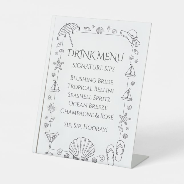 Seashells Wedding Bells Bachelorette Drink Menu Pedestal Sign (Front)