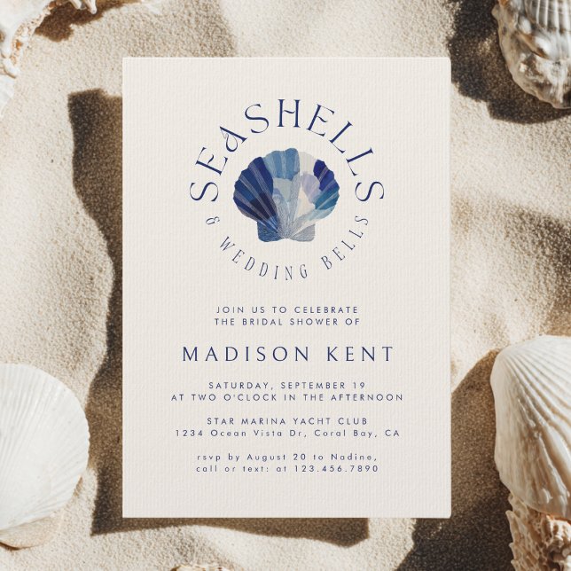 Seashells Wedding Bells Blue Beach Bridal Shower Invitation (Creator Uploaded)