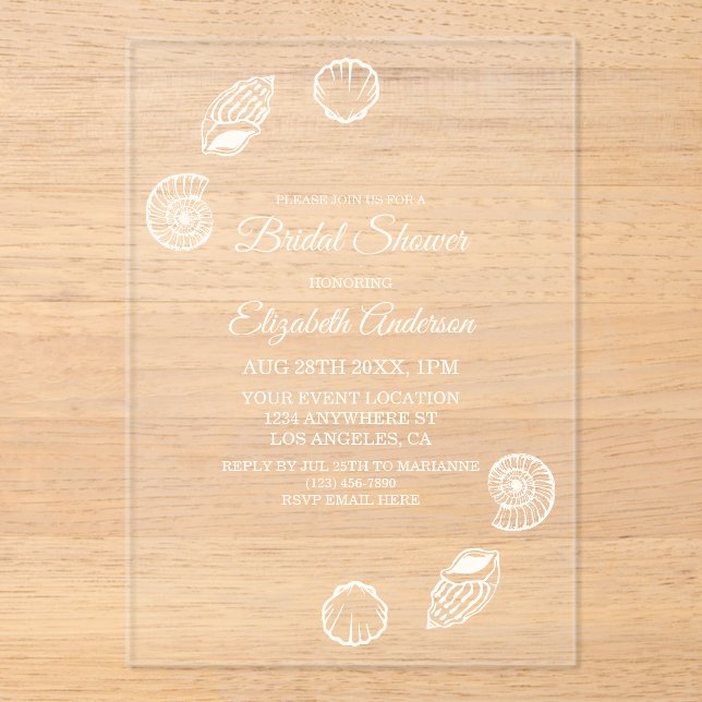 Seashells & Wedding Bells Bridal Shower Acrylic Invitations (Front)