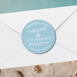 Seashells Wedding Bells Dusty Blue Bridal Shower Classic Round Sticker