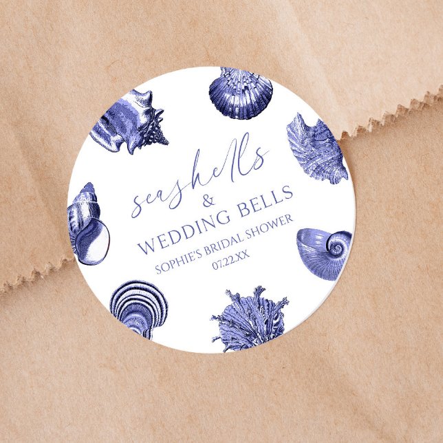 Seashells & Wedding Bells Elegant Bridal Shower  Classic Round Sticker (Creator Uploaded)