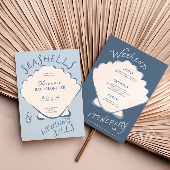 Seashells & Wedding Bels Bachelorette Itinerary Invitation (bachelorette itinerary, seashell bachelorette, beach bachelorette invitation, coastal bachelorette d)