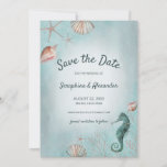 Seashore | Beach Blue Watercolor Seashells Coral Save The Date<br><div class="desc">Modern beach theme wedding Save the Date card features a weathered ocean blue watercolor brushstroke background with a seahorse,  seashells,  and coral. Perfect for nautical,  tropical,  summer,  destination,  coastal,  and "Under the Sea" wedding themes. Original artwork by KL Stock.</div>