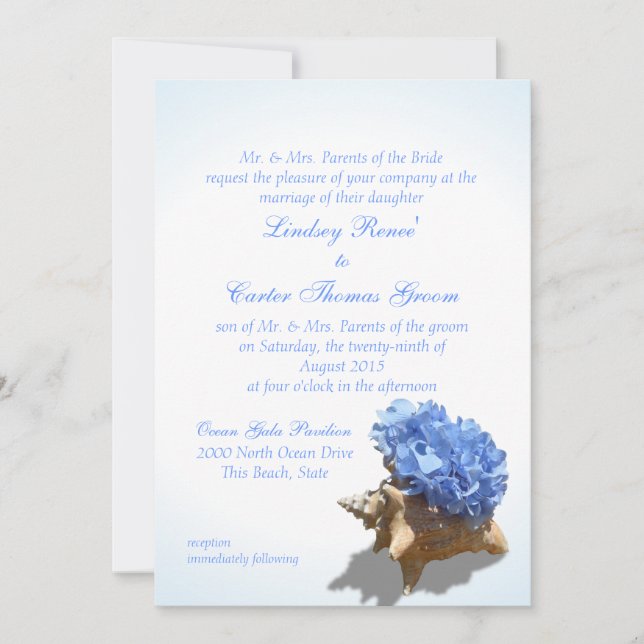 Seashore Blue Hydrangea Wedding Invitation (Front)