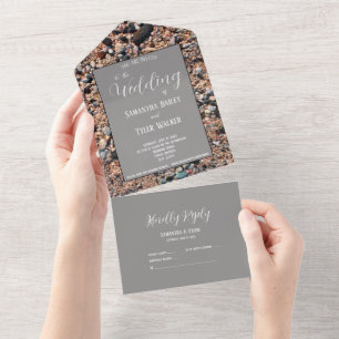 Seashore Coral Sand & Shells, Modern Beach Wedding All In One Invitation