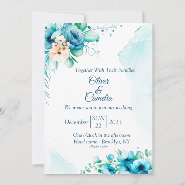 SeaShore Floral and watercolor Wedding Invitation (Front)