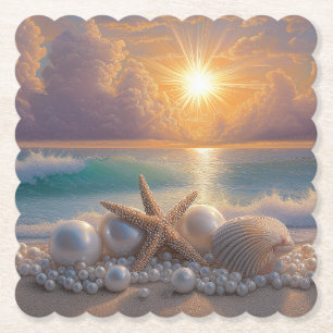 Seashore Ocean Sunset Seashells Pearls Paper Coaster
