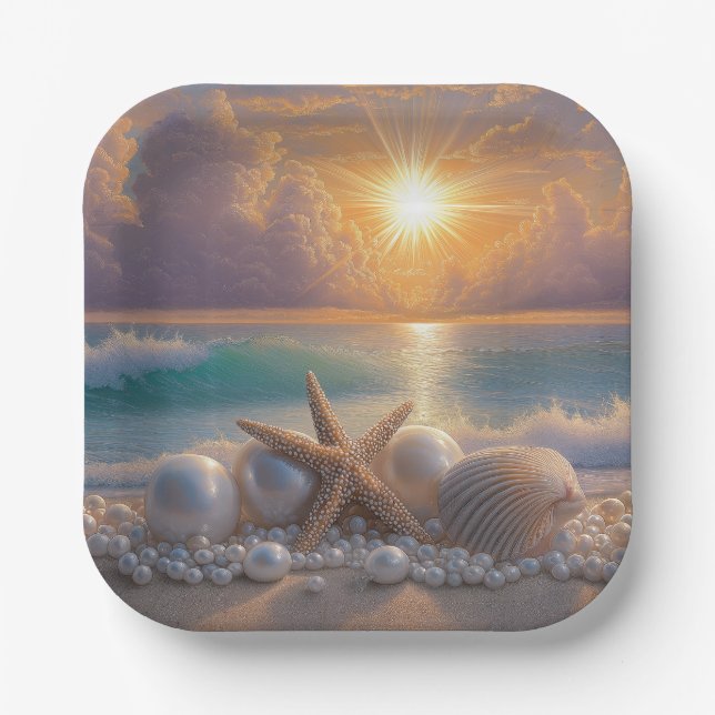 Seashore Ocean Sunset Seashells Pearls Paper Plate (Front)
