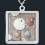 Seashore Treasures Silver Plated Necklace<br><div class="desc">Megan Meagher is known for her simple art pieces. This image captures the simplicity of the seashore's treasures, including sand dollars and seashells in a pastel coloured tone. Meagher encompasses a wooden background in her image to contrast these treasures. Get this fine art print today on wood colour on your...</div>