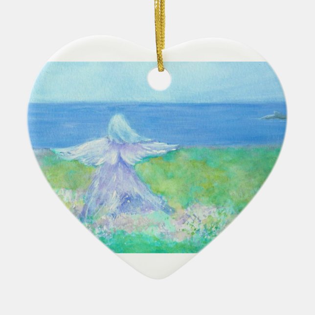Seaside Angel w/ Dolphin Heart Christmas Ornament (Front)