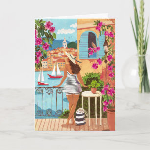 Seaside Balcony Woman Illustration Art Greeting Card