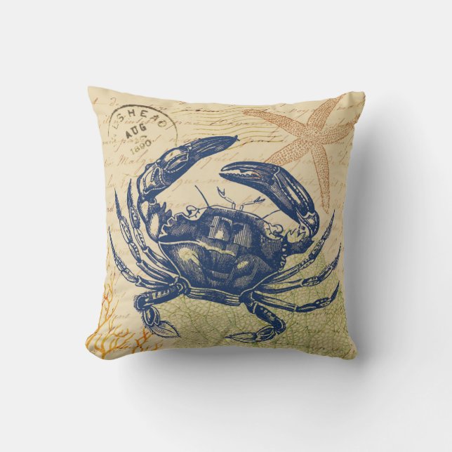 Seaside Blue Crab Collage Cushion (Front)