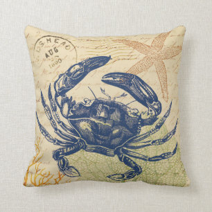 Seaside Blue Crab Collage Cushion