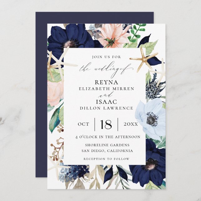 Seaside Botanical Wedding Invitation (Front/Back)