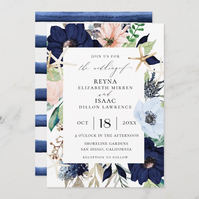 Seaside Botanical Wedding Invitation (Front/Back)