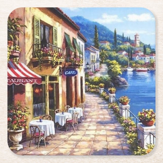 Seaside Cafe Fine Art Square Paper Coaster (Front)