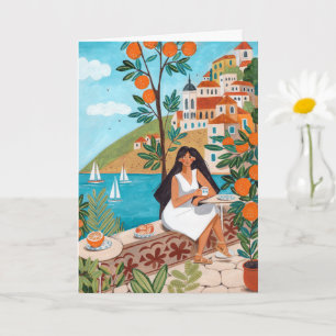 Seaside Café Woman Illustration Art Greeting Card