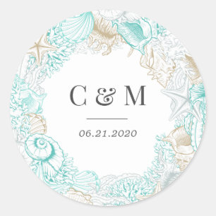 seaside coastal elegant wedding monogram classic round sticker