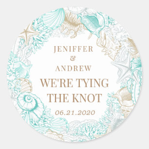 seaside coastal save the date monogram classic round sticker