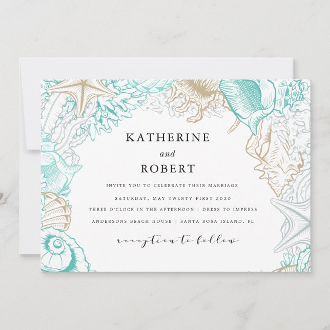 seaside coastal turquoise gold Wedding Invitation (Front)