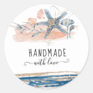seaside coral blue coastal handmade with love classic round sticker