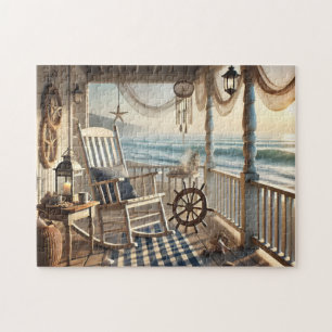 Seaside Cottage Porch Nautical Ocean View Jigsaw Puzzle