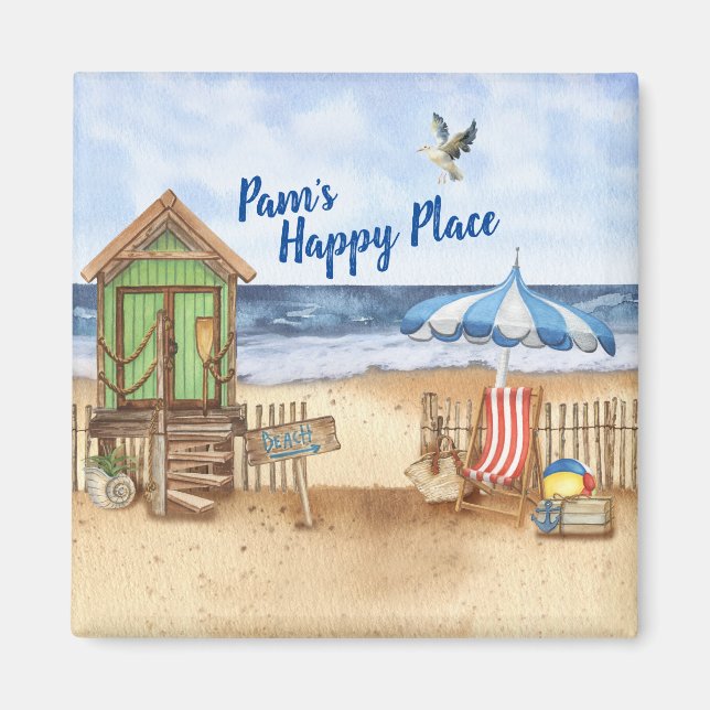 Seaside Day at the Beach Personalised Round Magnet (Front)