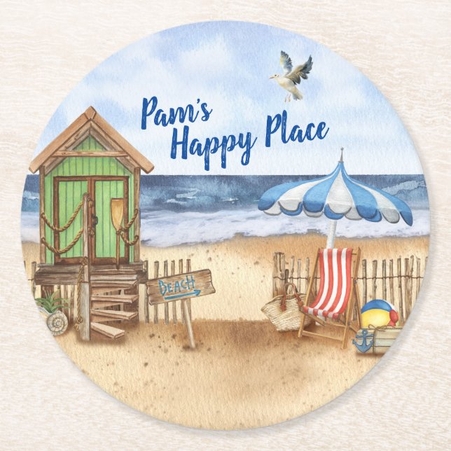 Seaside Day at the Beach Personalised Round Paper Coaster (Front)