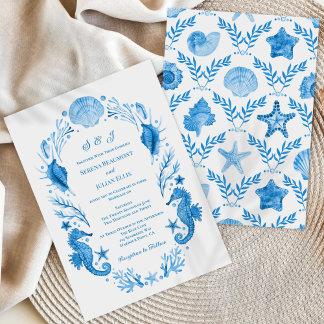 Seaside Elegance Blue Coastal Watercolor Wedding Invitation