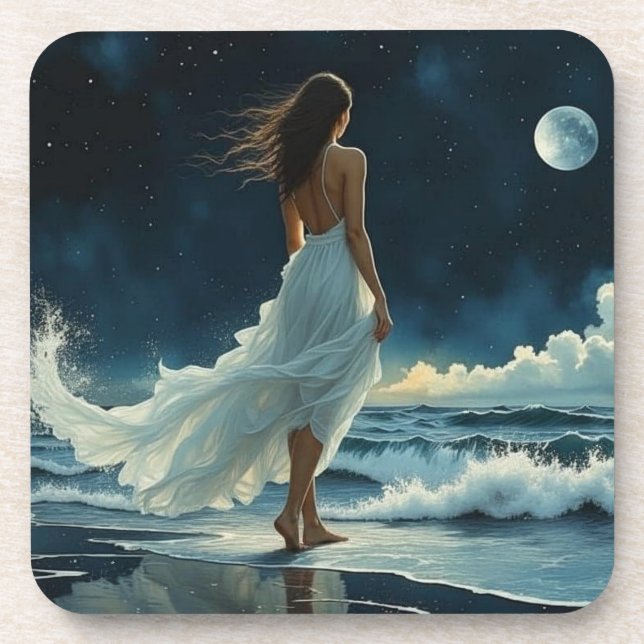  Seaside Escape under the Moon | Coastal Art Coaster (Front)