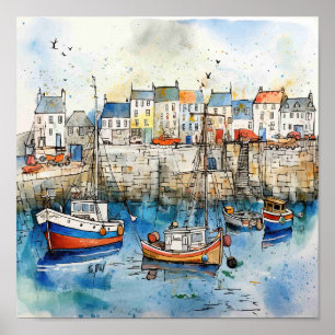 Seaside Fishing Boats In The Harbour Poster