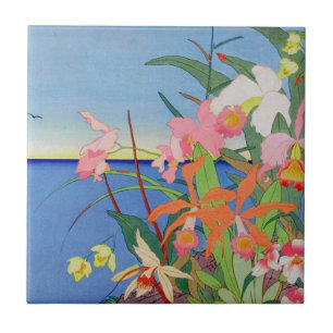 Seaside Flowers Japanese Woodblock Art Ukiyo-E Tile