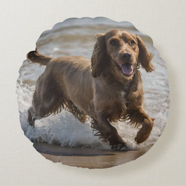 "Seaside Fun: A Cocker Spaniel Play in the Ocean Round Cushion (Front)