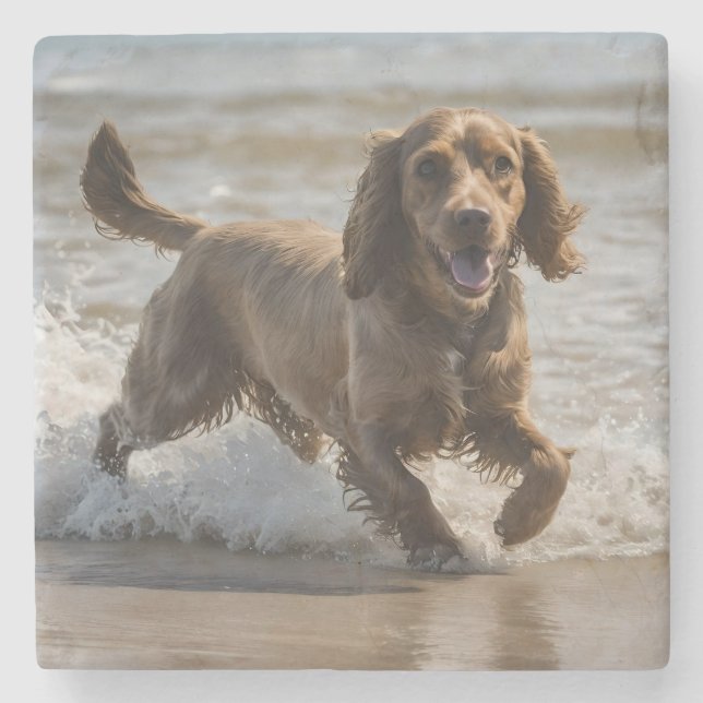 "Seaside Fun: A Cocker Spaniel Play in the Ocean Stone Coaster (Front)