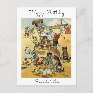 Seaside Fun Victorian Cat Mischief Happy Birthday Postcard