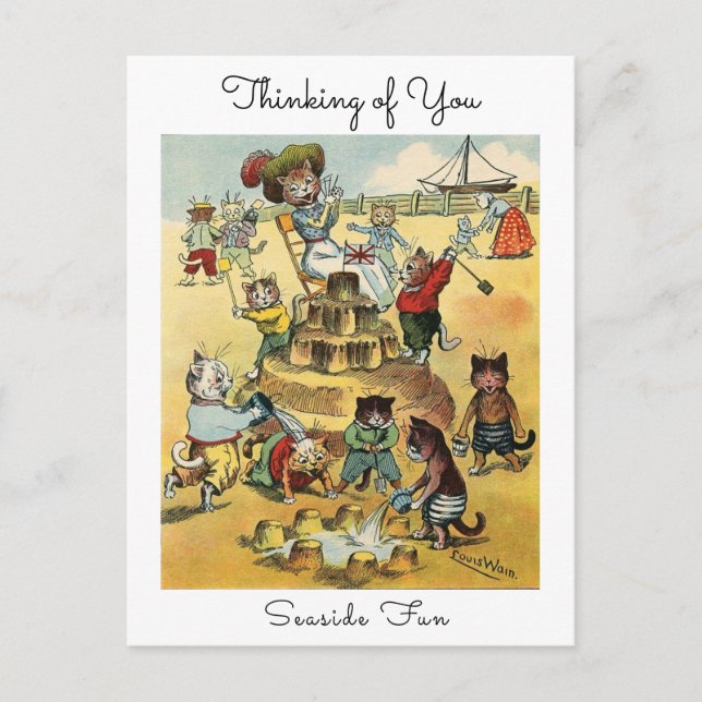 Seaside Fun Victorian Cat Mischief Thinking of You Postcard (Front)