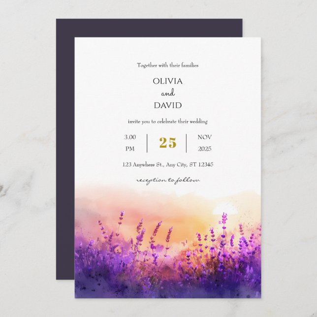 Seaside Lavender Sunrise Watercolor Beach Wedding  Invitation (Front/Back)