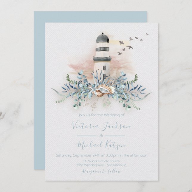 Seaside Lighthouse Beach Wedding invitations (Front/Back)