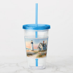 Seaside Lighthouse & Cottage Watercolor Scene Acrylic Tumbler