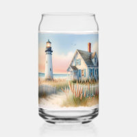 Seaside Lighthouse & Cottage Watercolor Scene